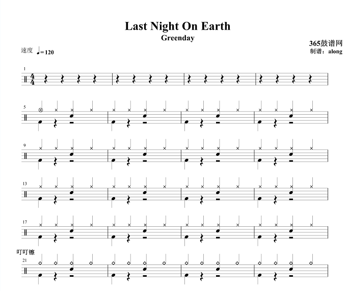  原创鼓谱Greenday Last Night On Earth 架子鼓高清PDF